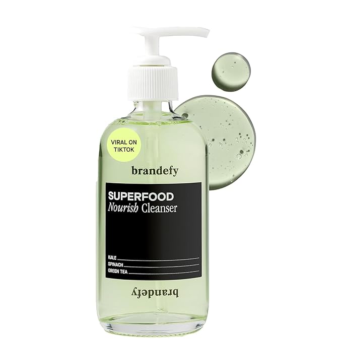 Brandefy Superfood Face Wash, Gentle & pH Balanced Cleanser w/Kale, Green Tea, Spinach, Vitamin C, E, K2- Softens & Nourishes Skin, Organic Facial Cleanser for All Skin Types (8 Fl Oz)