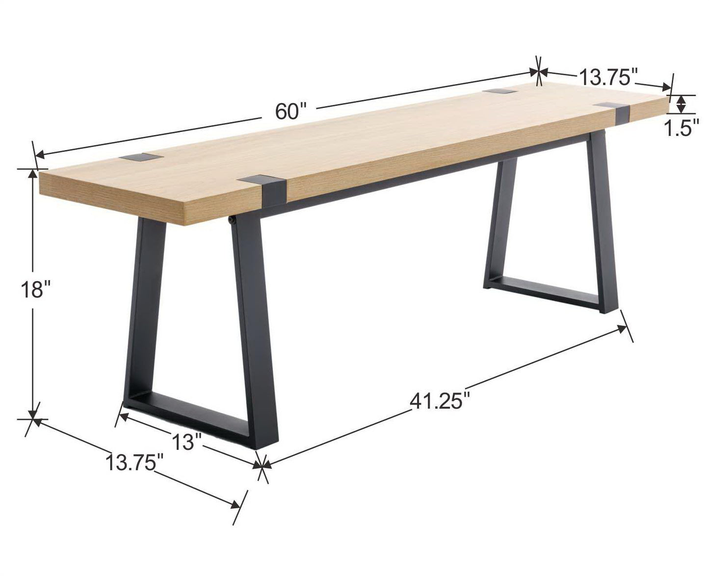 Wooden Dining Bench 60” Industrial Table Benches, Seating Chair Rustic Indoor Benches, Mid Century Kitchen Bench with Metal Legs, Light Oak