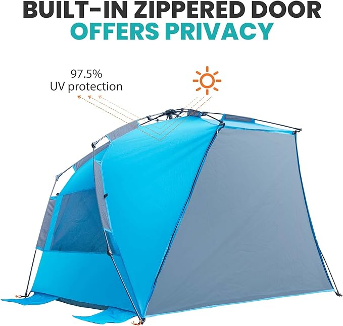 OutdoorMaster Beach Tent for 3-4 Person - Easy Setup and Portable Beach Shade Sun Shelter Canopy with UPF 50+ UV Protection Removable Skylight Family Size