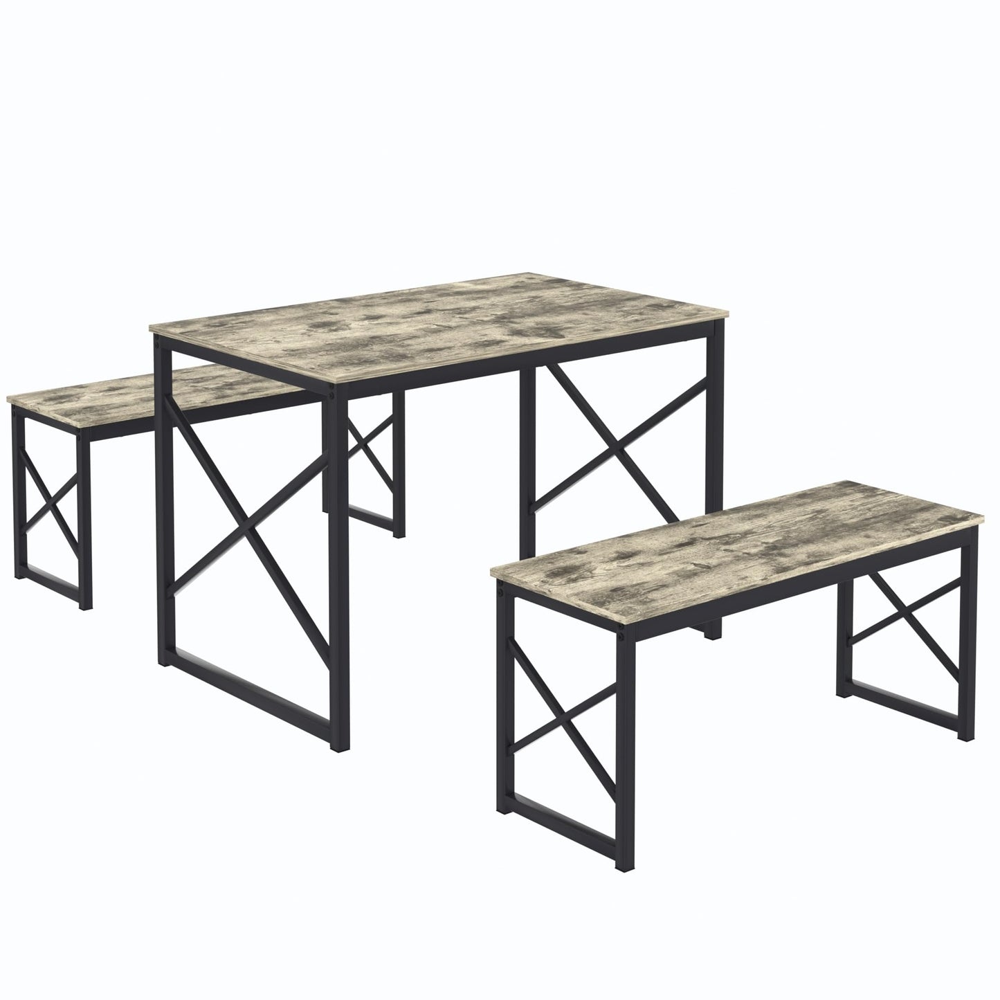 VECELO Kitchen Dining Table Set for 4, 43.3" Wood Rectangle Dinette with 2 Benches, Heavy-Duty Metal Frame for Small Space, Breakfast Nook, Grey