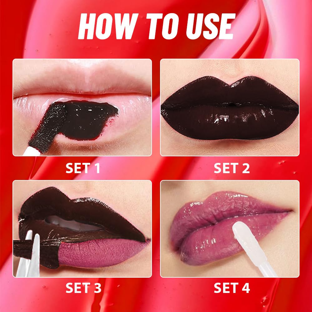 2Pcs Liquid Lip Stain Peel Off Lip liner and Lip oil with Tweezer, Dual-Ended Peel Off Lip Stain Tattoo, Highly Pigmented Long Lasting Waterproof, Transfer-proof for All Skin Types, 03#+05#