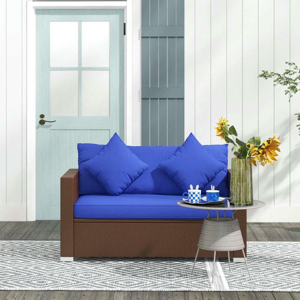 GVN Outdoor Couch Patio Sofa,Wicker Loveseat, Patio Furniture Couch with Cushions, 2 Seat PE Rattan Sofa, 2 Throw Pillows, Blue