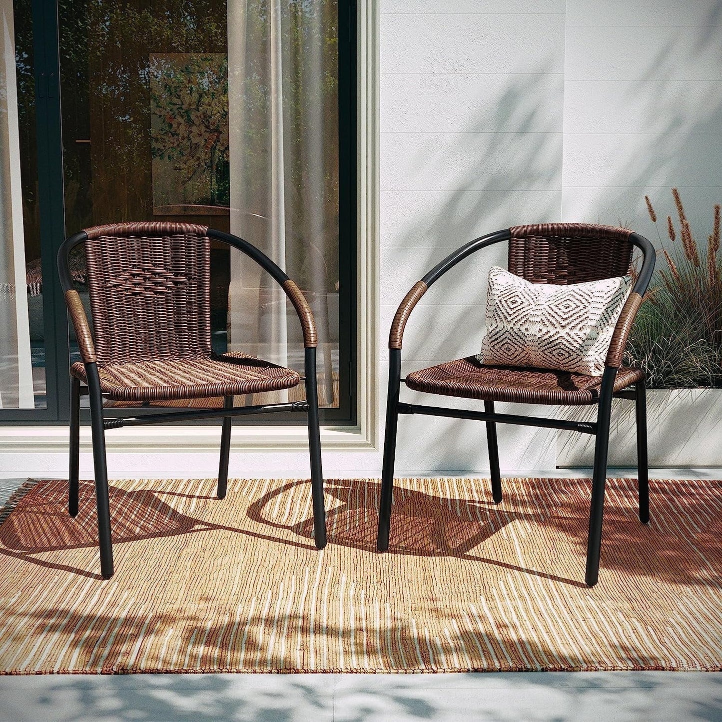 Jumpeak Lila Modern Rattan Indoor/Outdoor Stackable Dining Chairs, Stacking Rattan Bistro Chairs for Patio or Restaurant, Set of 4, Brown