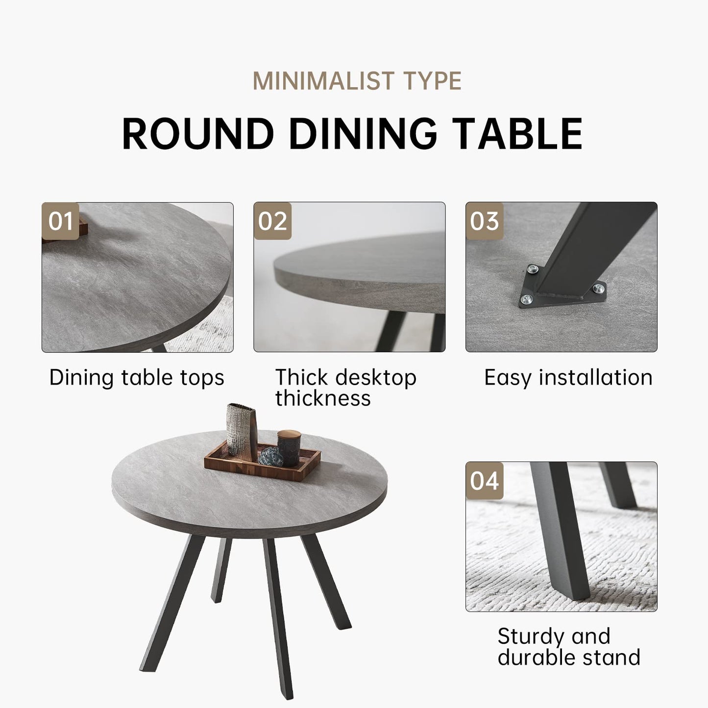 Zerifevni 34.6'' Round Dining Table and Chairs for 4, Mid Century Modern Round Table Set, Space Saving for Apartment Kitchen Dining Room (Grey Table+4 White Chairs)