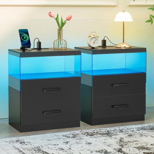 i-aplus Black Night Stand Set of 2,LED Nightstand with Charging Station,Bedside Table with 2 Drawers,Modern Bed Side Tables Bedroom