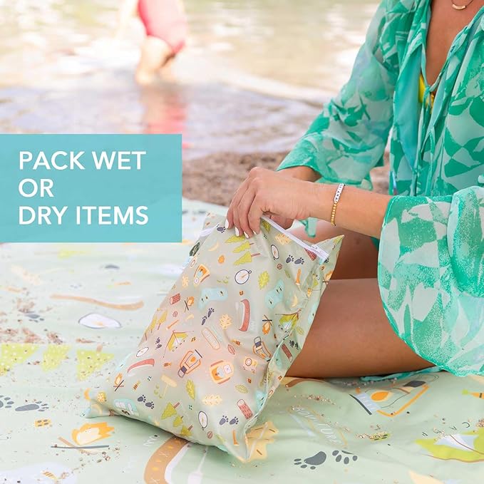 Bumkins Waterproof Wet Bag for Baby, Travel, Swim Suit, Cloth Diapers, Pump Parts, Pool, Beach, Gym Clothes, Toiletry, Hook to Stroller, Daycare, Zipper Reusable Wetdry Packing Pouch, Camp Gear Green