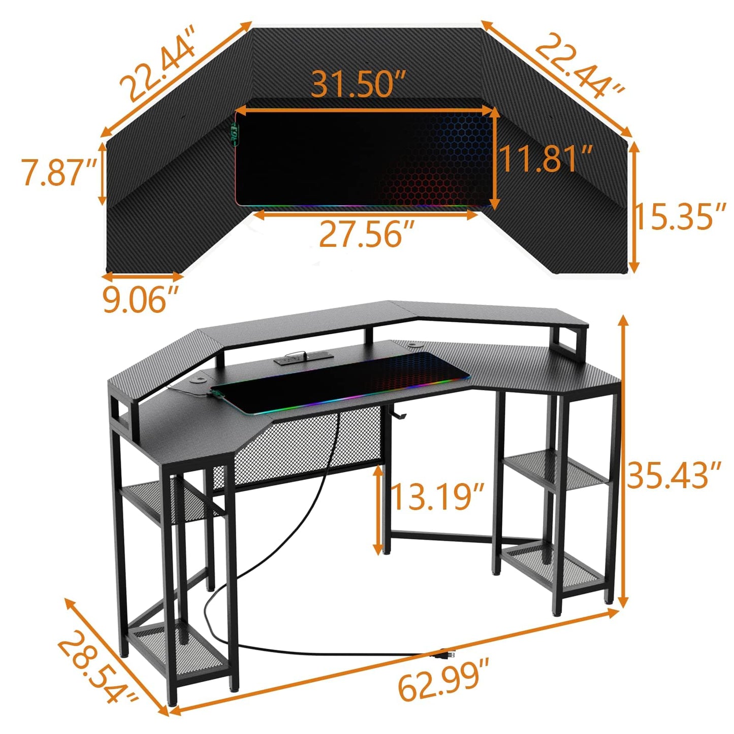 Gyfimoie Gaming Desk with Power Outlets & LED Lights, 63" Wing-Shaped Computer Desk with Full Monitor Stand,Wireless Charging,Shelves,RGB Mouse Pad, Studio Desk Corner Desk with Headphone Hook (Black)