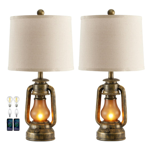 RORIANO Set of 2 Farmhouse Lantern Table Lamps for Living Room with 2 USB Charging Ports, Rustic Vintage Nightstand Lamps with Nightlight for Bedroom End Table Entryway, 4 Bulb Included