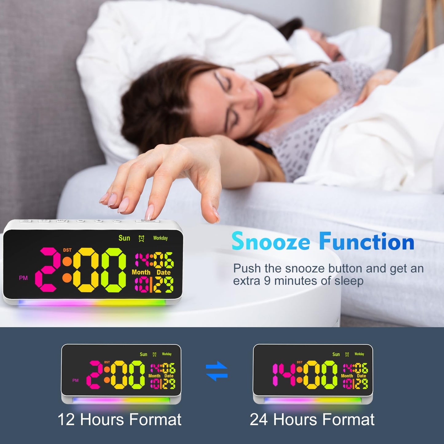PERSUPER 120db Super Loud Alarm Clock for Heavy Sleepers, Bluetooth Connection, 15 Wake Up Sounds, 7 Color Night Light, Dynamic RGB Color Changing, 0-100% Dimmer, Snooze, Digital Clock for Bedroom