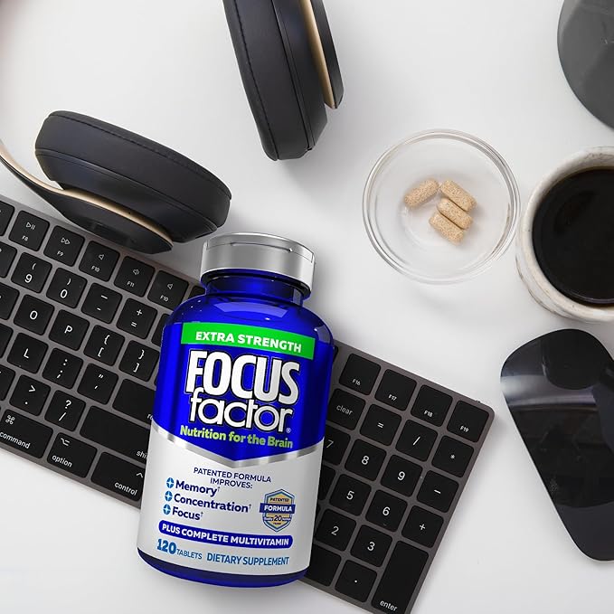 Focus Factor Adults Extra Strength, 120 Count- Brain Supplement for Memory, Concentration, Focus - DMAE, Vitamin D, DHA- Brain Health Supplement – Trusted Formula- Brain Vitamins, Focus Pills (2 pk)