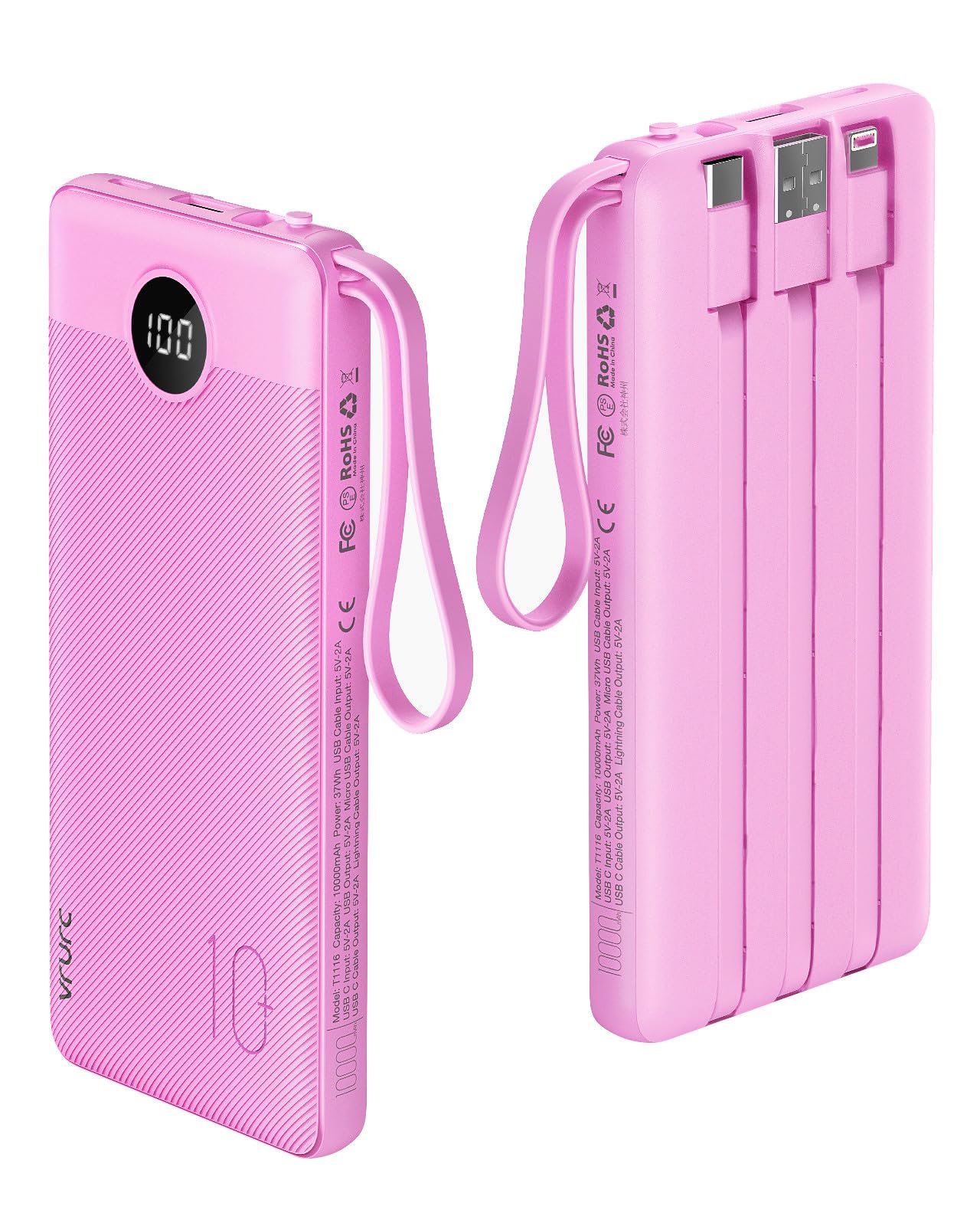 VRURC Portable Charger with Built in Cables, 10000mAh Travel Essentials Power Bank, 5 Output 2 Input LED Display External Battery Pack Compatible with iPhone,Samsung,Android-Black(1 Pack)