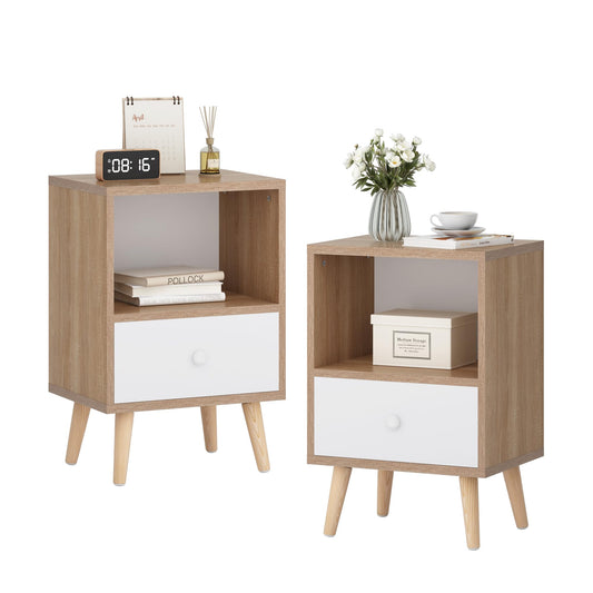 JAXPETY Nightstands Set of 2, Night Stand with Drawer and Open Storage Shelf, Bedside Tables with Solid Wood Legs, End Table, Side Table, for Bedroom(2-Pack, Natural)