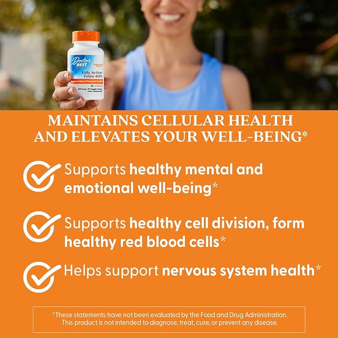 Doctor's Best Fully Active Folate with Quatrefolic400 mcg, Healthy Mood, Memory, Circulation, Well-Being, 90 VC