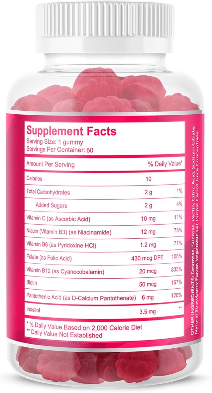 Avilana Vitamin B Complex Just for Women Vegan Gummies with Vitamin B12, B7 (Biotin), B6, B3 (Niacin), B5, B6, B8, B9 (Folate)s, Energy and Healthy Immune System (1 Pack)