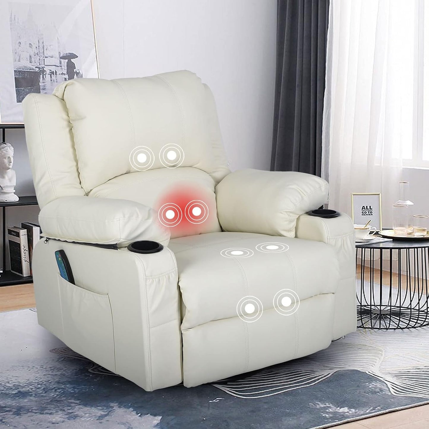 KCREAM White Recliner Rocker Chairs with Heat,Massage Chair Recliner Oversized Leather Swivel Recliners for Living Room, Manual Reclining Lounge Chairs Overstuffed Single Sofa Chair for Adults