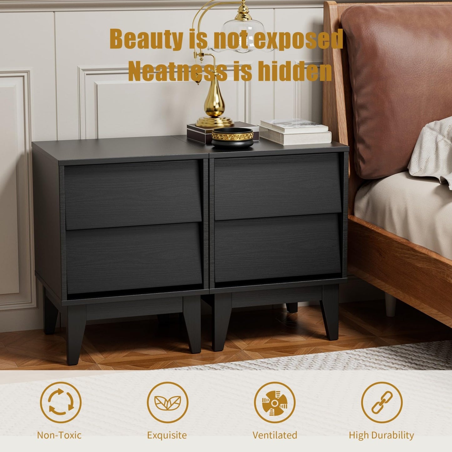 2 Set Nightstands with Beveled Design, Mid-Century Modern Bedside Tables with Solid Wood Legs for Bedroom Living Room, Black