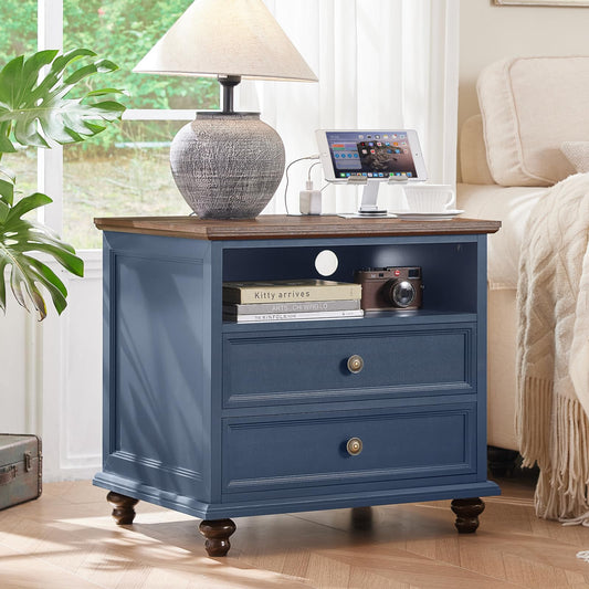 Joaxswe 24" Wide Farmhouse Nightstand with Charging Station, End Table with 2 Drawers, Blue Wood Dresser for Bedroom Cabinet, Bed Side Table Chest of Drawers, Night Stand for Living Room, Closet