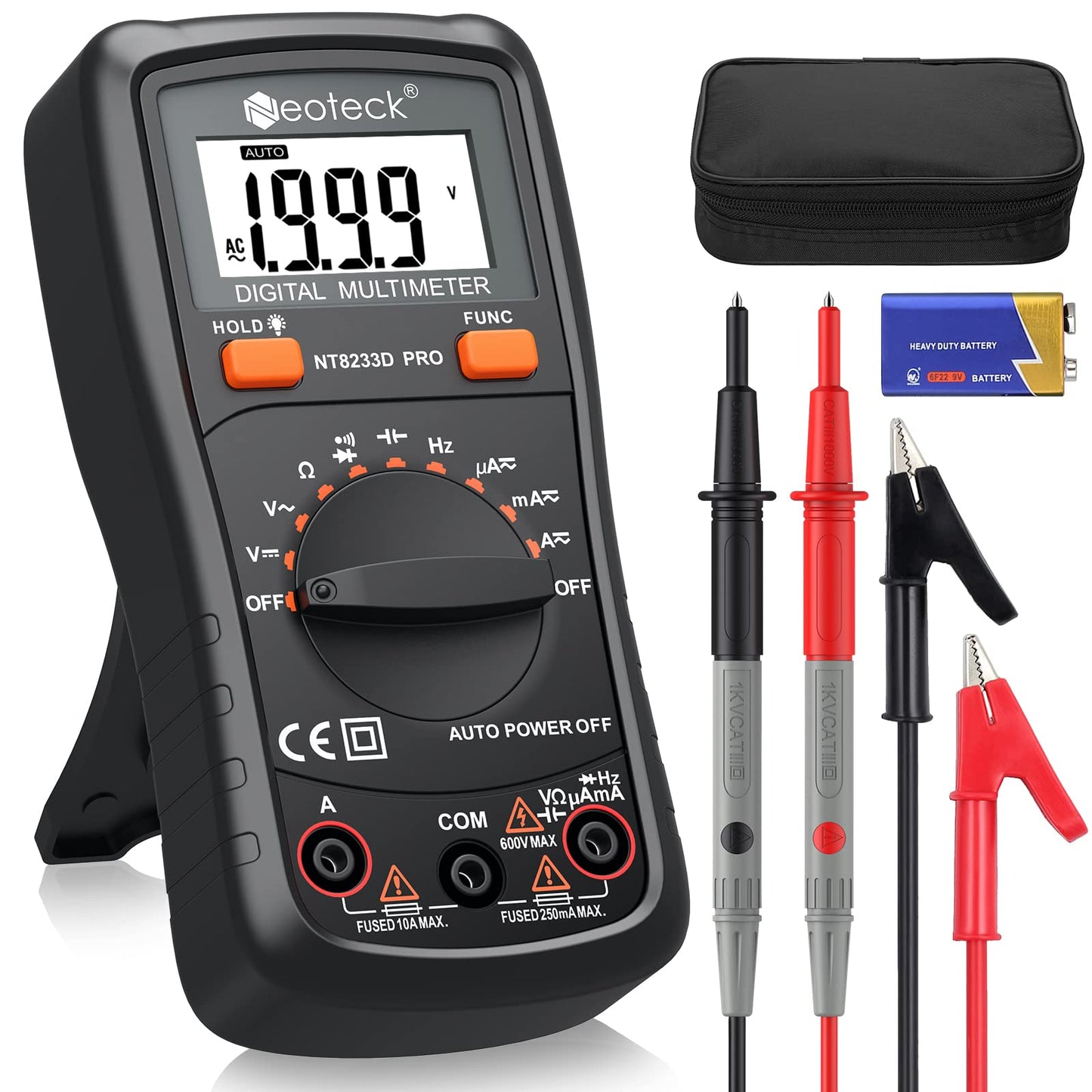Neoteck Auto Ranging Digital Multimeter AC/DC Voltage Current Ohm Capacitance Frequency Diode Transistor Audible Continuity, Multi Tester with Backlit LCD