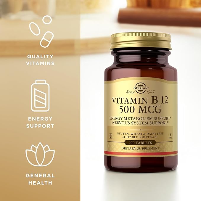 Solgar Vitamin B12 500 mcg - 100 Tablets - Vegan, Gluten Free, Dairy Free, Kosher - 100 Servings
