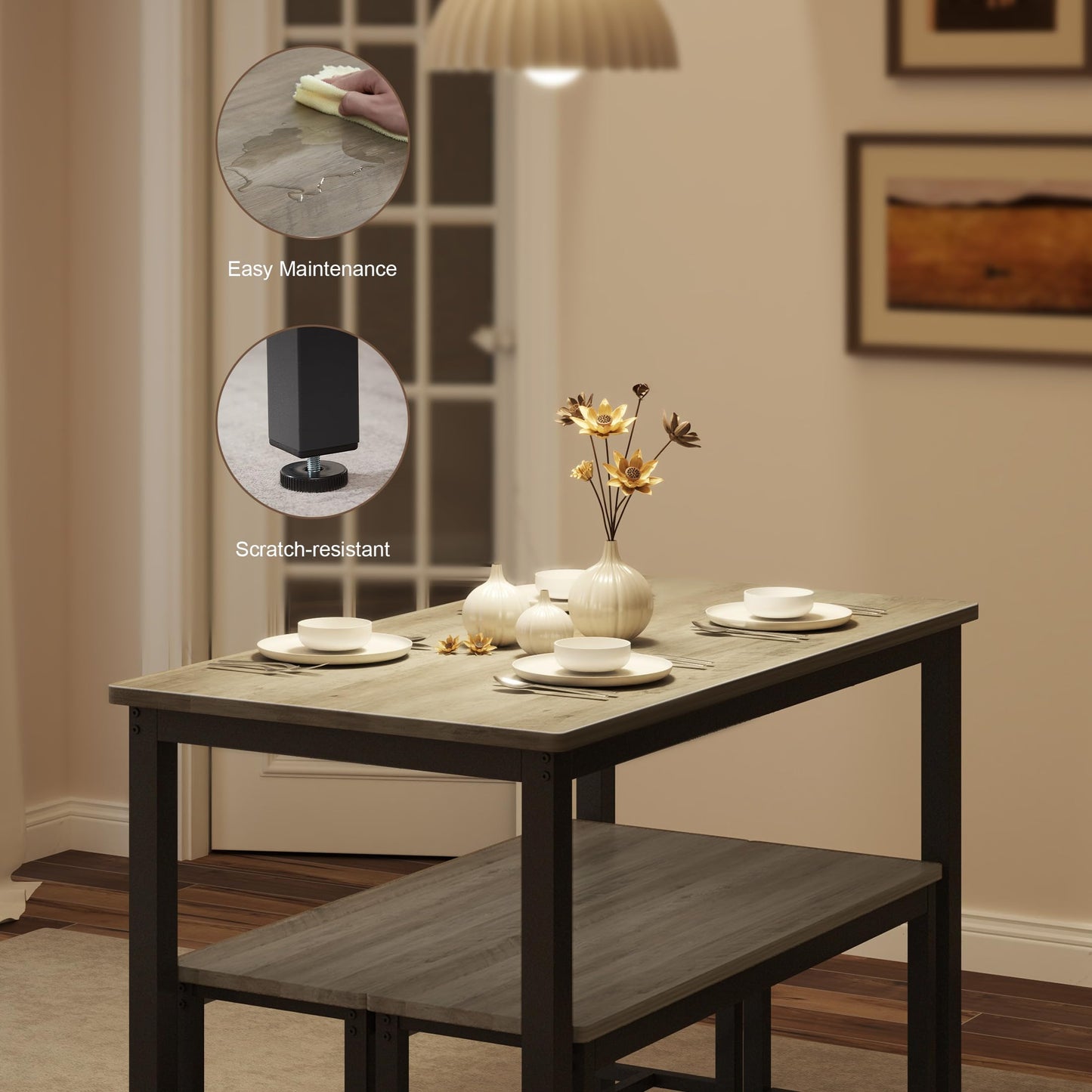 SumKea Dining Table Set for 4, Kitchen Room Table Set with 2 Benches, 3-Piece Dining Chairs Set for Breakfast Nook, Grey