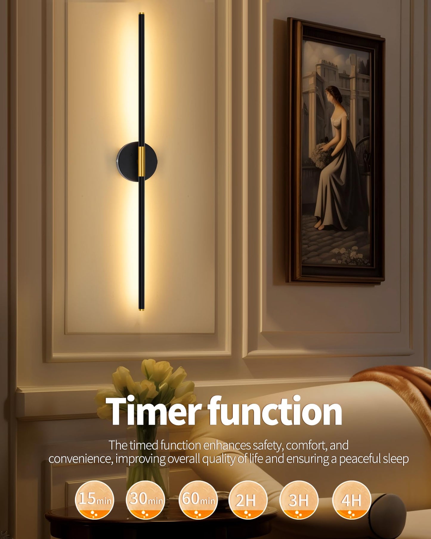 Battery Operated Wall Sconce Set of 2, 10000mAh Wireless Rechargeable Wall Lights with Remote, 24 Inch Dimmable 3000K-6000K LED Wall Lamps with Timer for Living Room, Bedroom, Black Gold, 350° Rotate