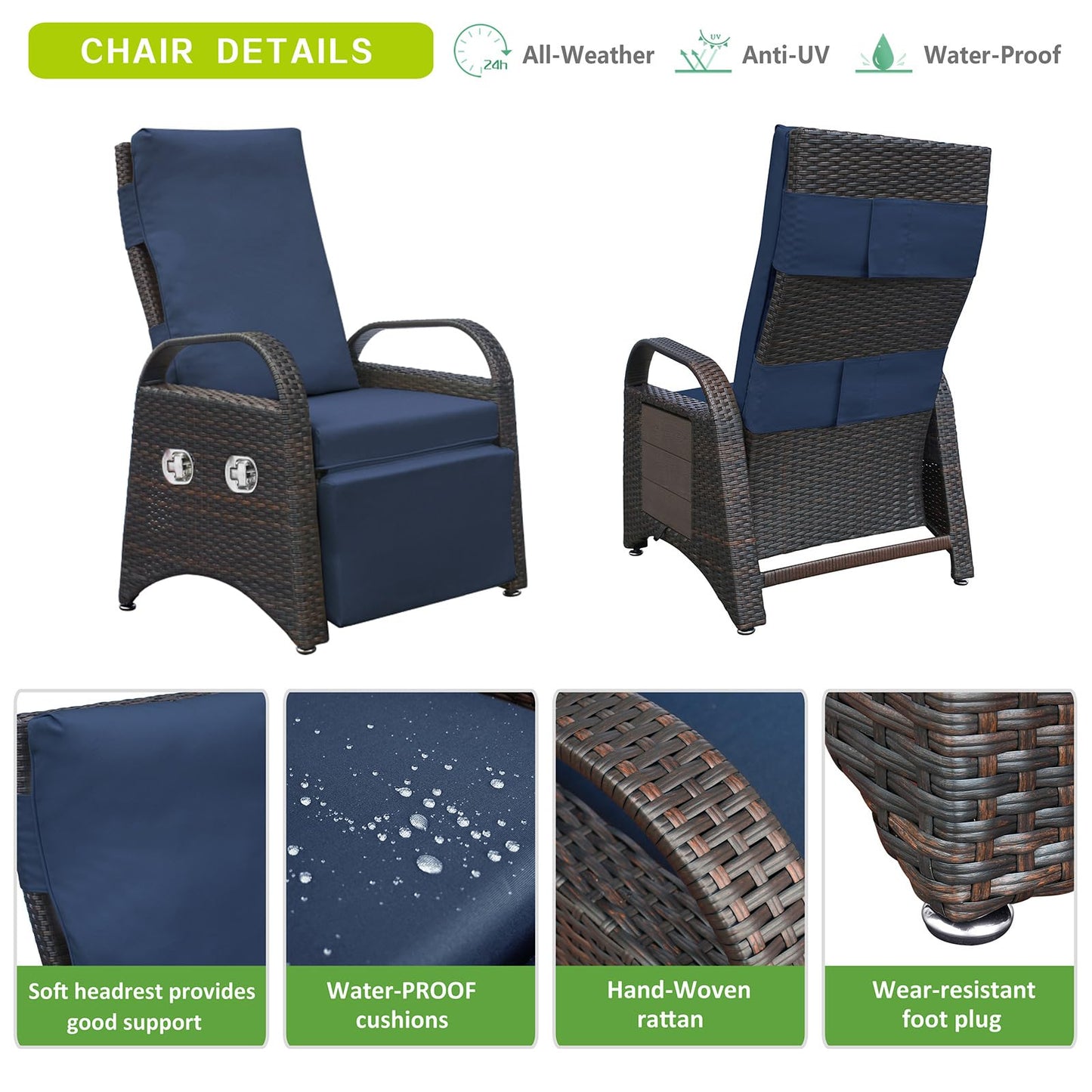 ATR ART TO REAL Outdoor Recliner Chairs, PE Wicker Reclining Lounge Chair with Removable Soft Cushion, Adjustable Outside Recliners for Patio, Porch, Poolside, Balcony, Lawn (Navy Blue, 1 PC)