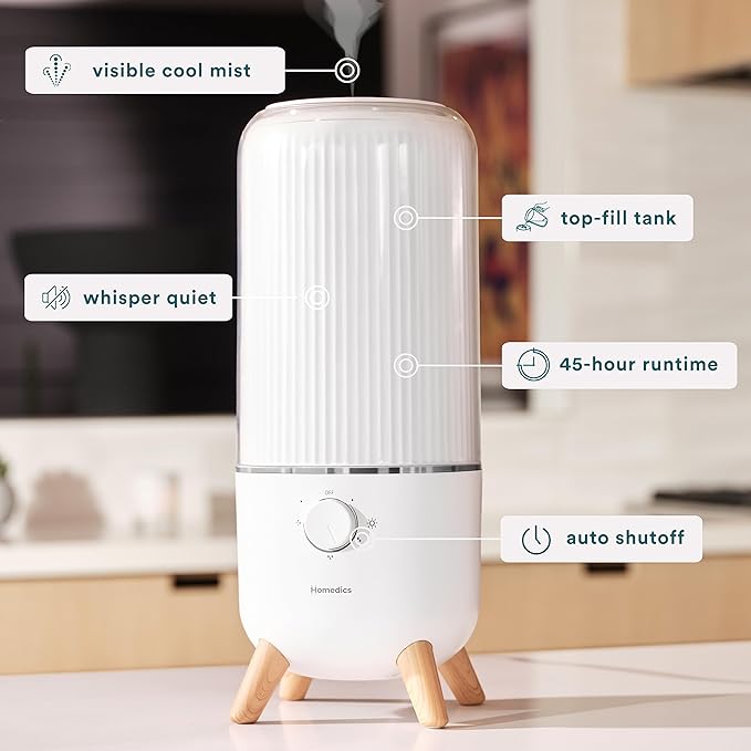 Homedics Ultrasonic Humidifier, Bedrooms and Home Offices, 0.97-Gallon Tank, 45-Hour Runtime, Visible Ultra-Quiet Cool Mist, Aromatherapy, Demineralization Cartridge, Night-Light, Auto-Off, White