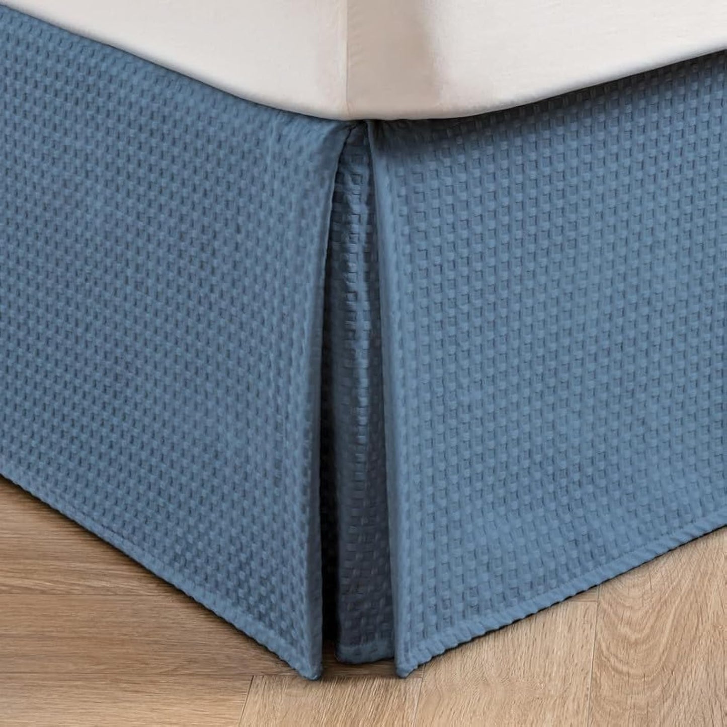 MIYE Pleated Waffle Weave Bed Skirt, Tailored Dust Ruffle 14 Inch Drop Easy Fit, Machine Washable (Blue, Twin - 14" Drop)