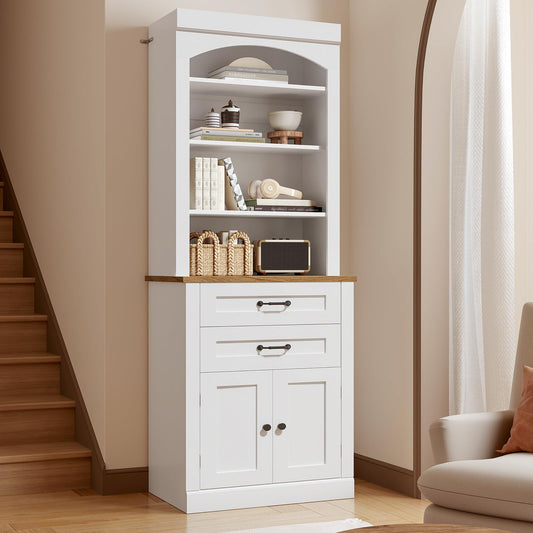 RALGEND Farmhouse Tall Bookshelf, 7 Tier Arched Bookcase with Drawers and Doors, Book Shelf with Storage Cabinet, Wooden Freestanding Open Display Bookshelves for Living Room, Office, White and Walnut