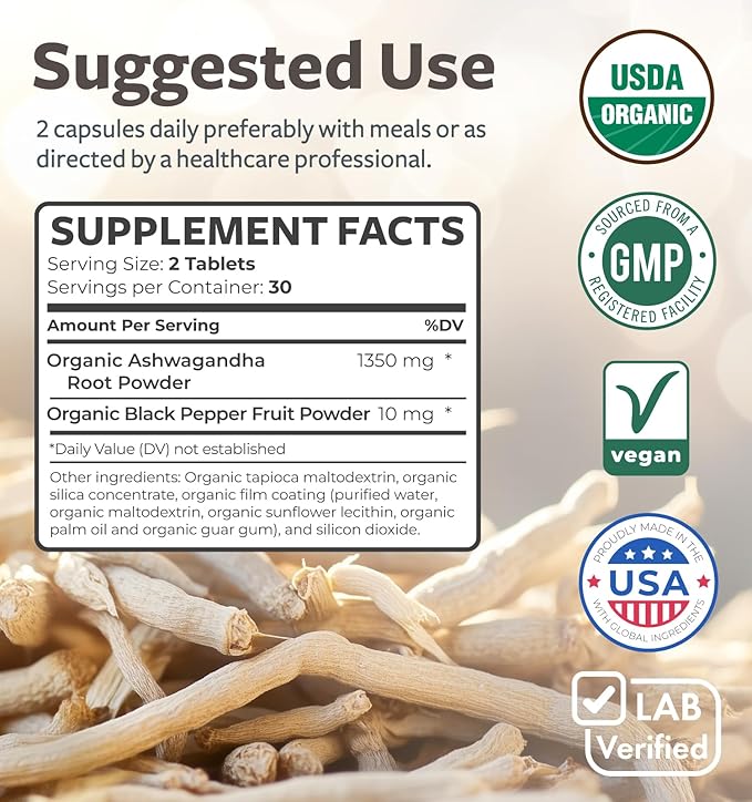 USDA Organic Ashwagandha (60 Vegetarian Tablets) 1350mg Ashwaganda Root Powder Per Serve with Black Pepper - Natural Adrenal Support, Cortisol & Thyroid Support, Immune Support (No Pills or Capsules)