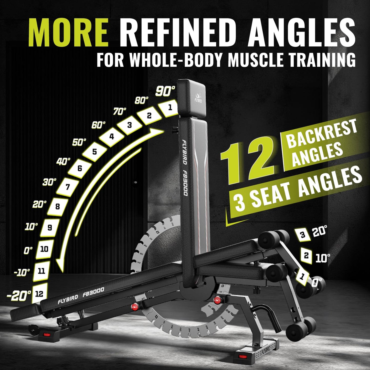 FLYBIRD Strength Training Bench for Home Gym, Vertical Storage Space-Saving Workout Bench, 1200lbs Capacity Adjustable Weight Bench with Detachable Headrest and Leg Support