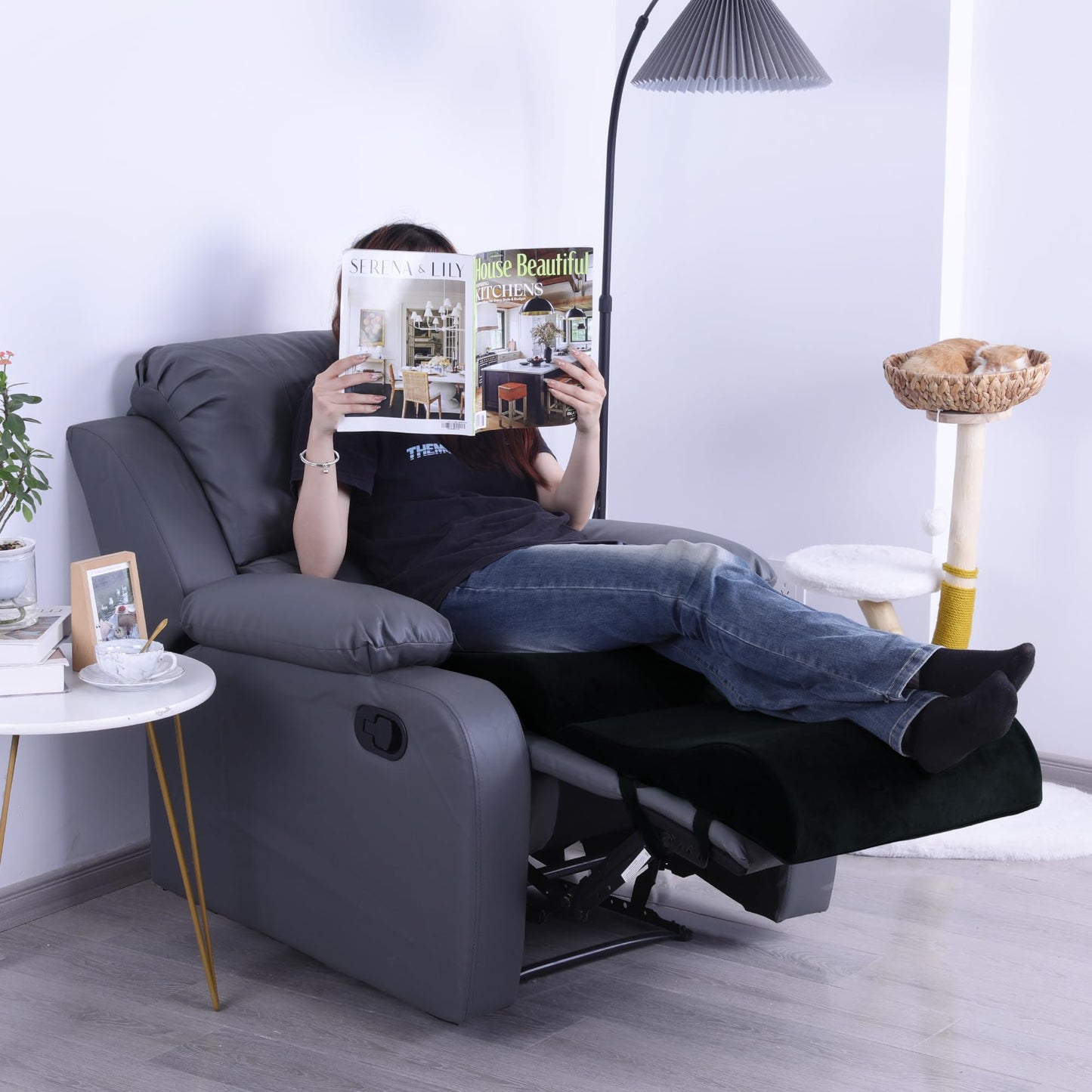 HOMBYS Foam Recliner Cushion with Leg Pillow for Elderly Large Square Seat Cushion Wave Shape Footrest for Armchairs Couch, Medium Thick & Supportive, Non-Slip Design, Black