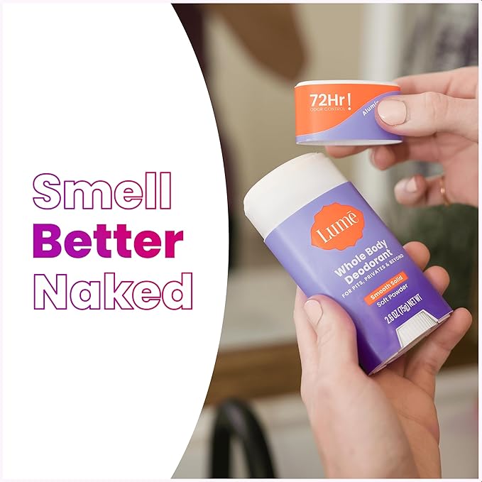 Lume Whole Body Deodorant - Smooth Solid Stick - 72 Hour Odor Control - Aluminum Free, Baking Soda Free and Skin Safe - 2.6 Ounce (Pack of 2) (Soft Powder)