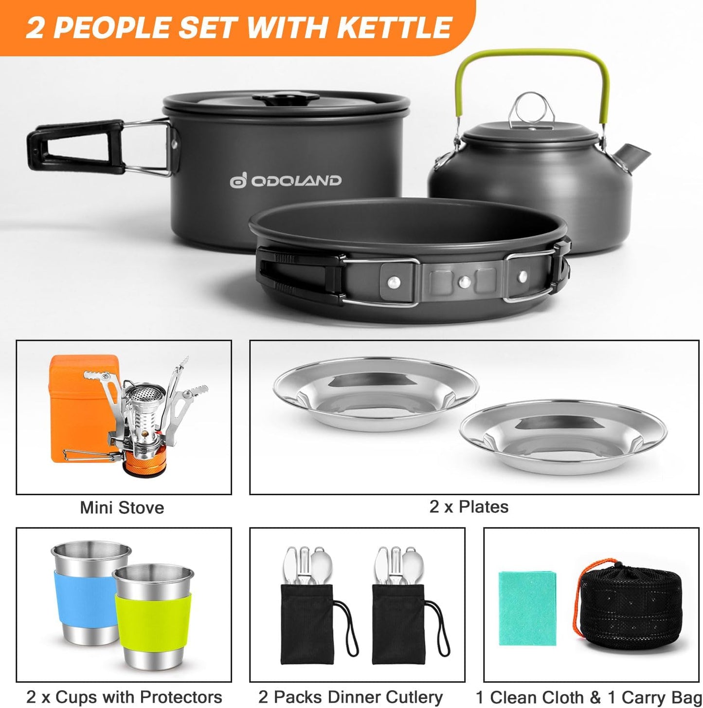 Odoland 16pcs Camping Cookware Set with Folding Camping Stove, Non-Stick Lightweight Pot Pan Kettle Set with Stainless Steel Cups Plates Forks Knives Spoons for Camping Backpacking Outdoor Picnic