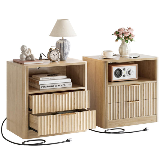 IRONCK Fluted Night Stand Set of 2, Modern Nightstand with Charging Station, Drawers and Open Shelves - Bedside Table Wood Side Table Set for Bedroom