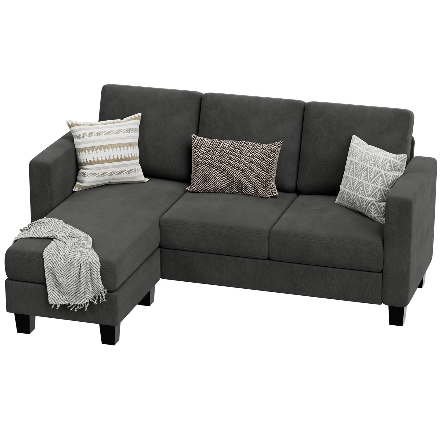 VICTONE Convertible Sectional Sofa Couch, 3 Seat L-Shaped Sofa with Linen Fabric Ottoman Small Couch for Small Apartments, Living Room and Office (Linen Fabric, Dark Gray)