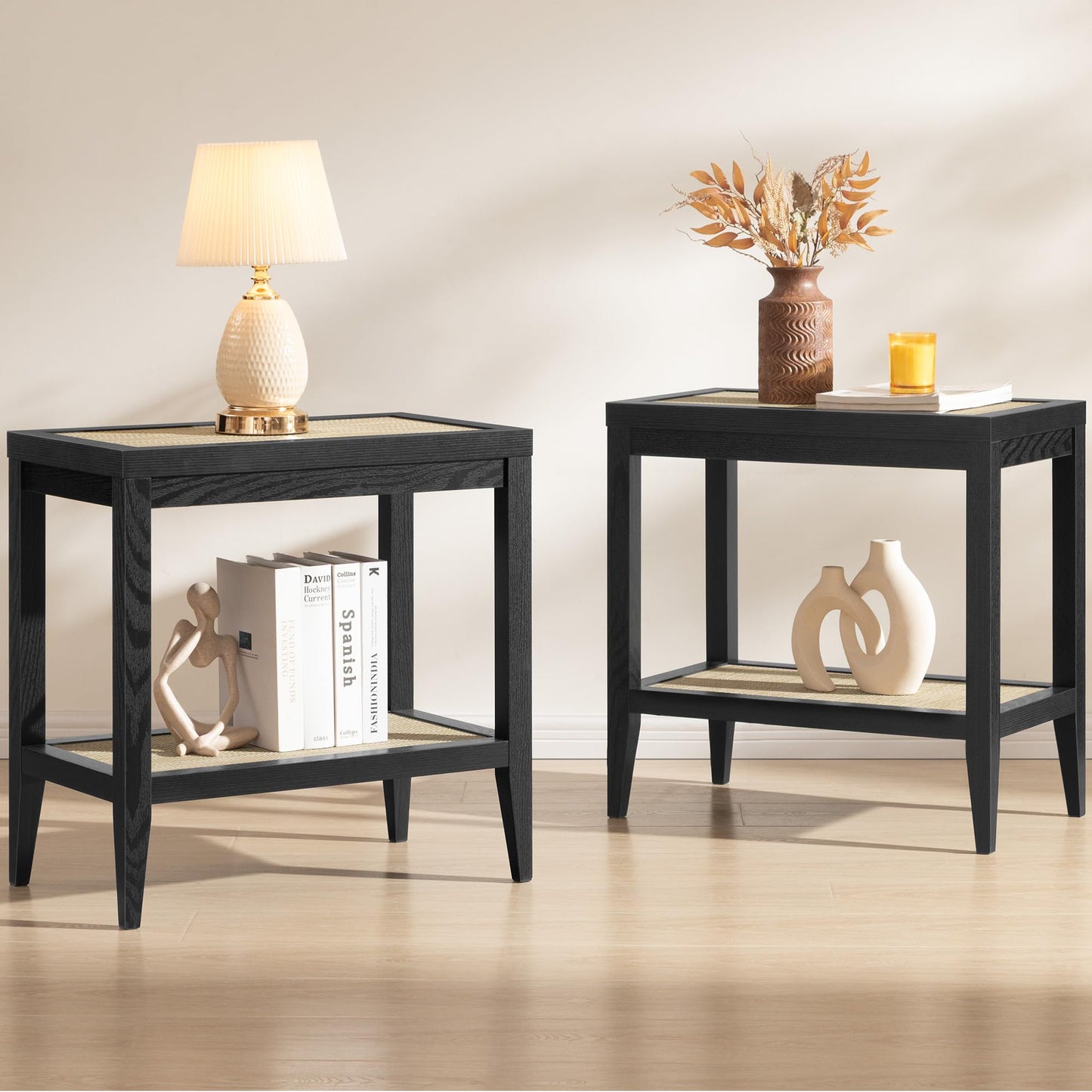 SICOTAS Rattan Nightstands Set of 2 - Boho Shelf Bedside Tables Narrow End Table Living Room Set of 2 Side Table with Rattan Storage Shelves for Small Space - Black Oak
