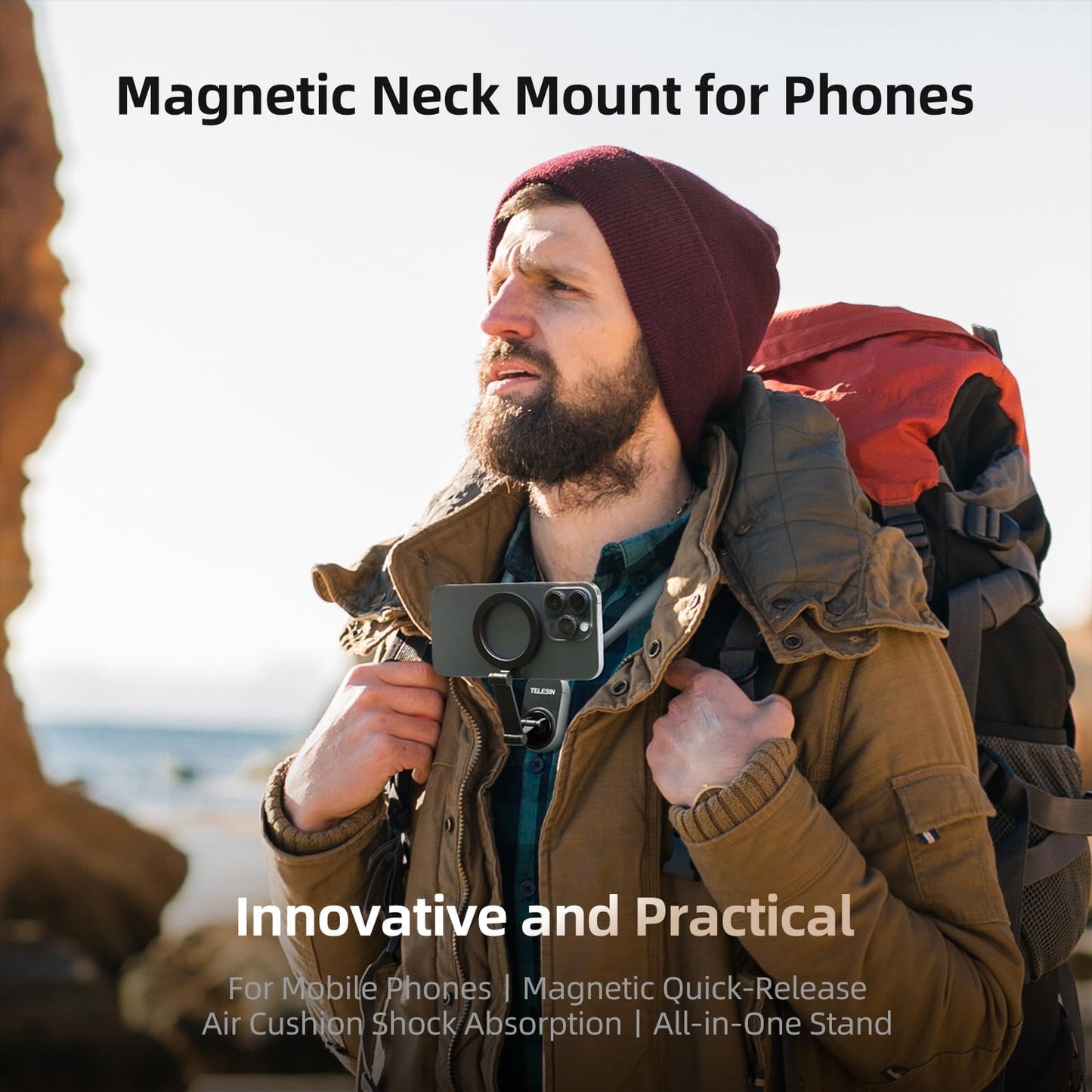 TELESIN Magnetic Neck Mount for Phones, Neck Cell Phone Holder POV/Vlog Selfie Mount Hand Free Phone Neck Holder Chest Stand Strap Video Recording for iPhone 16 15 14 13 12 Seires Android Phones Gray