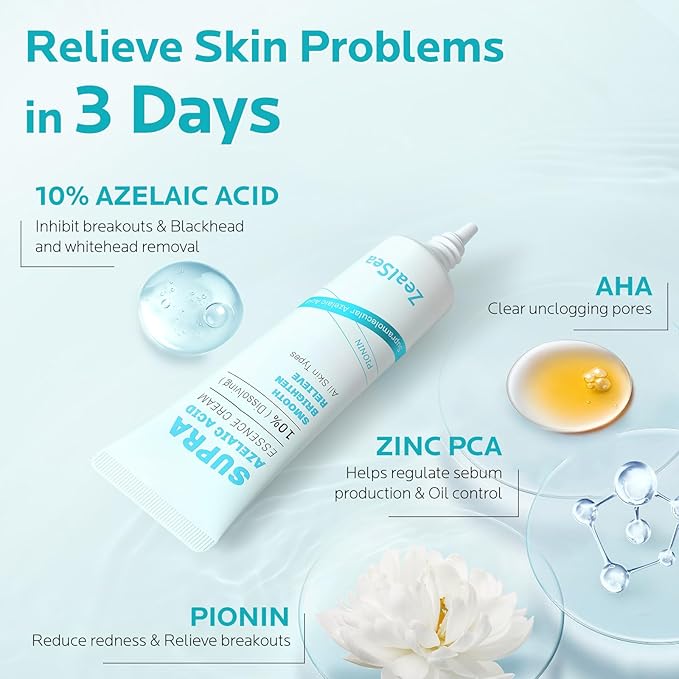 ZealSea 10% Azelaic Acid Facial Cream - Azelaic Acid Serum with AHA & Pionin for Face, Relief Pimple, Breakouts, Blackhead & Redness, Azelaic Acid Gel Clarify Skin Soothe Irritation, 1 Oz