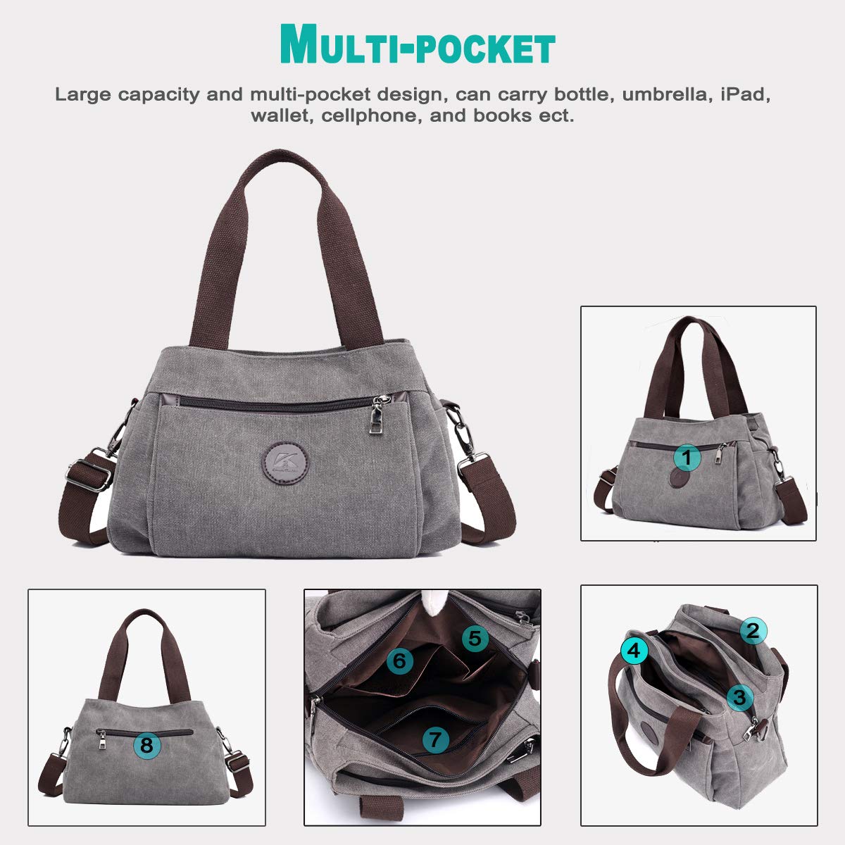 DOURR Hobo Handbags Canvas Crossbody Bags for Women, Multi Compartment Tote Purse Medium Satchel (Brown)