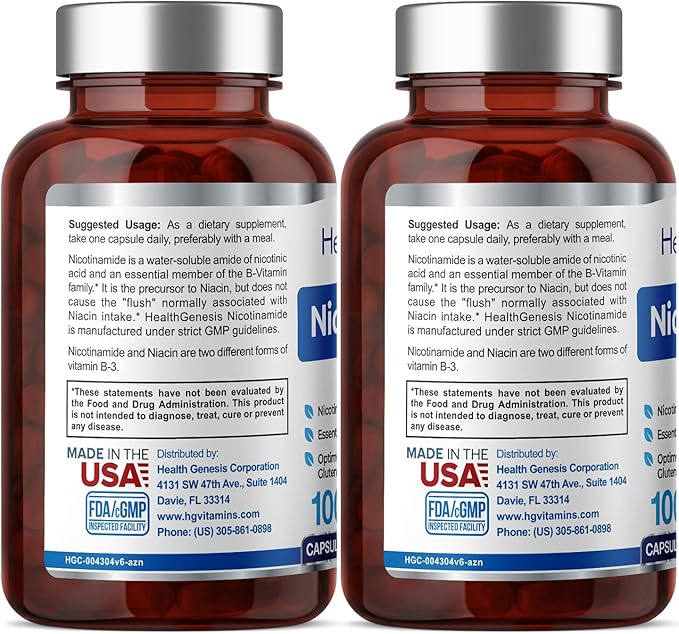 B-3 Nicotinamide 500 mg 100 Caps 2 Pack - Nicotinic Amide Niacin Natural Flush-Free Vitamin Formula - Supports Skin Cell Health