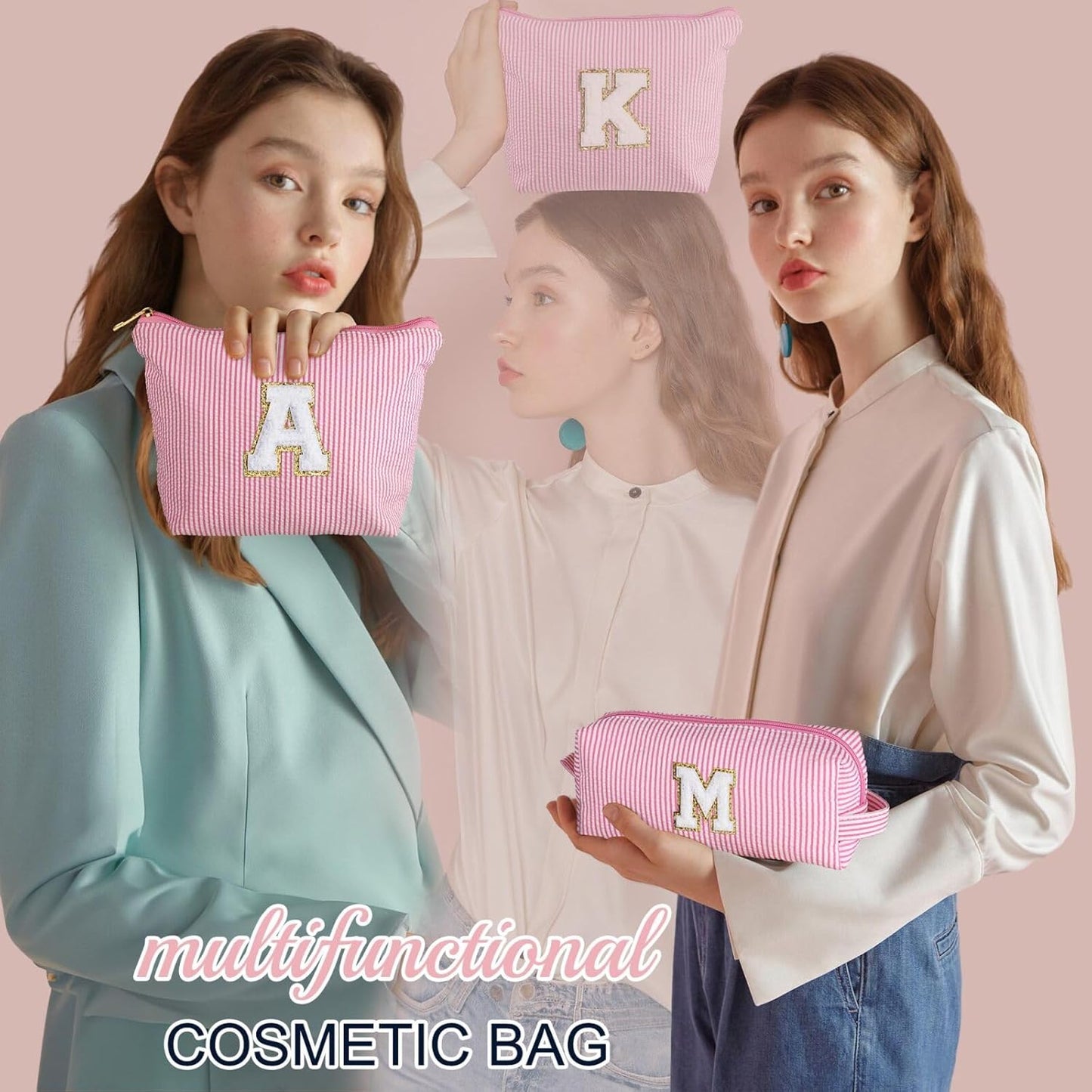 YOOLIFE Personalized Birthday Gifts for Women Teacher, Initial Cute Pink Cosmetic Makeup Bag Pouch Case Travel Toiletry Make Up Bag for Women Friends Female Friendship Girlfriend Wife Gifts Idea D