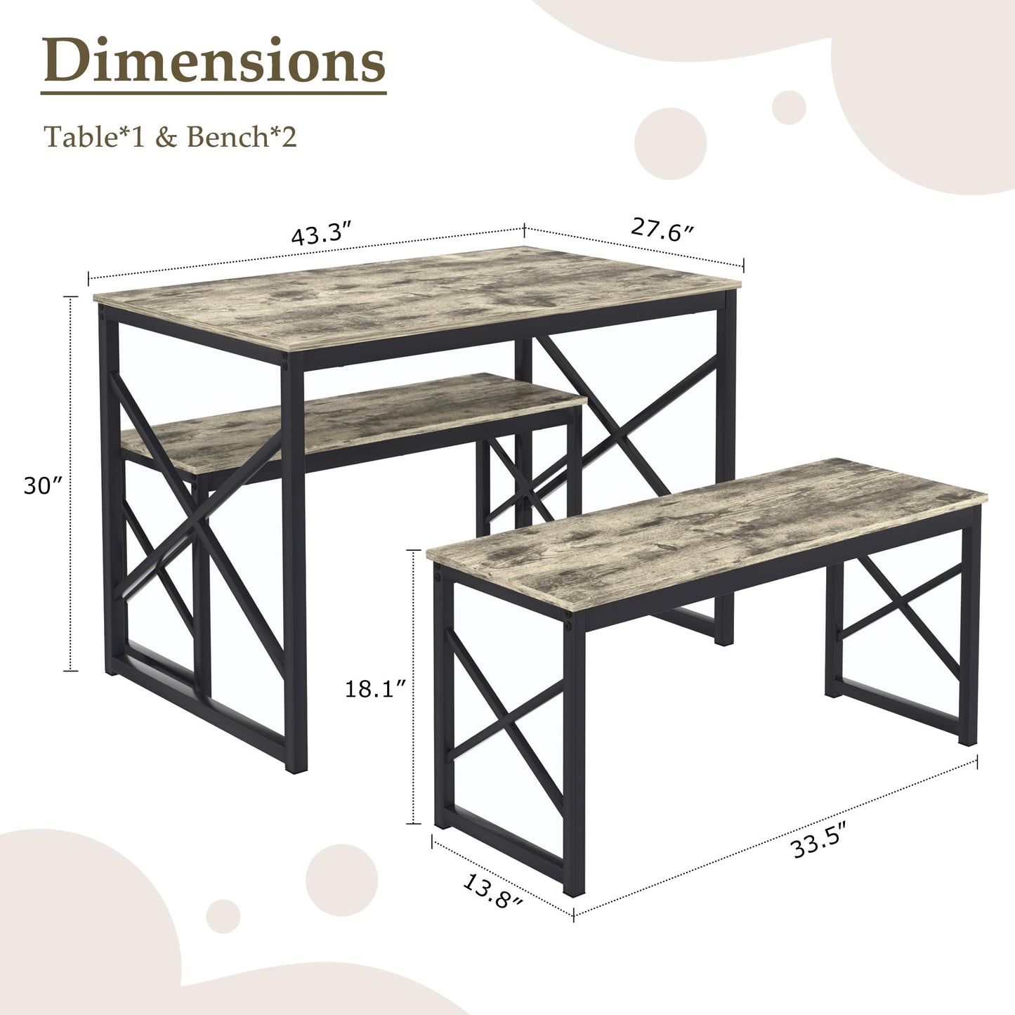 VECELO Kitchen Dining Table Set for 4, 43.3" Wood Rectangle Dinette with 2 Benches, Heavy-Duty Metal Frame for Small Space, Breakfast Nook, Grey