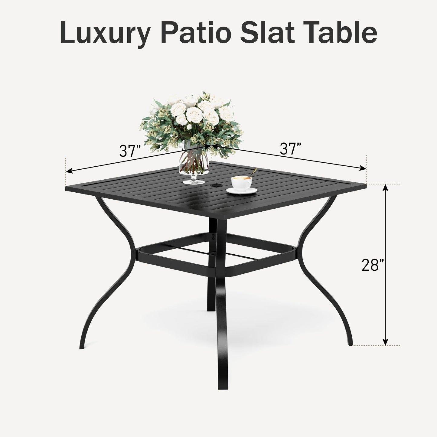 PHI VILLA 37 Inch Outdoor Dining Table Metal Steel Slat Square Patio Dining Table with 1.57" Umbrella Hole for Garden, Backyard and Porch (Classic Black)