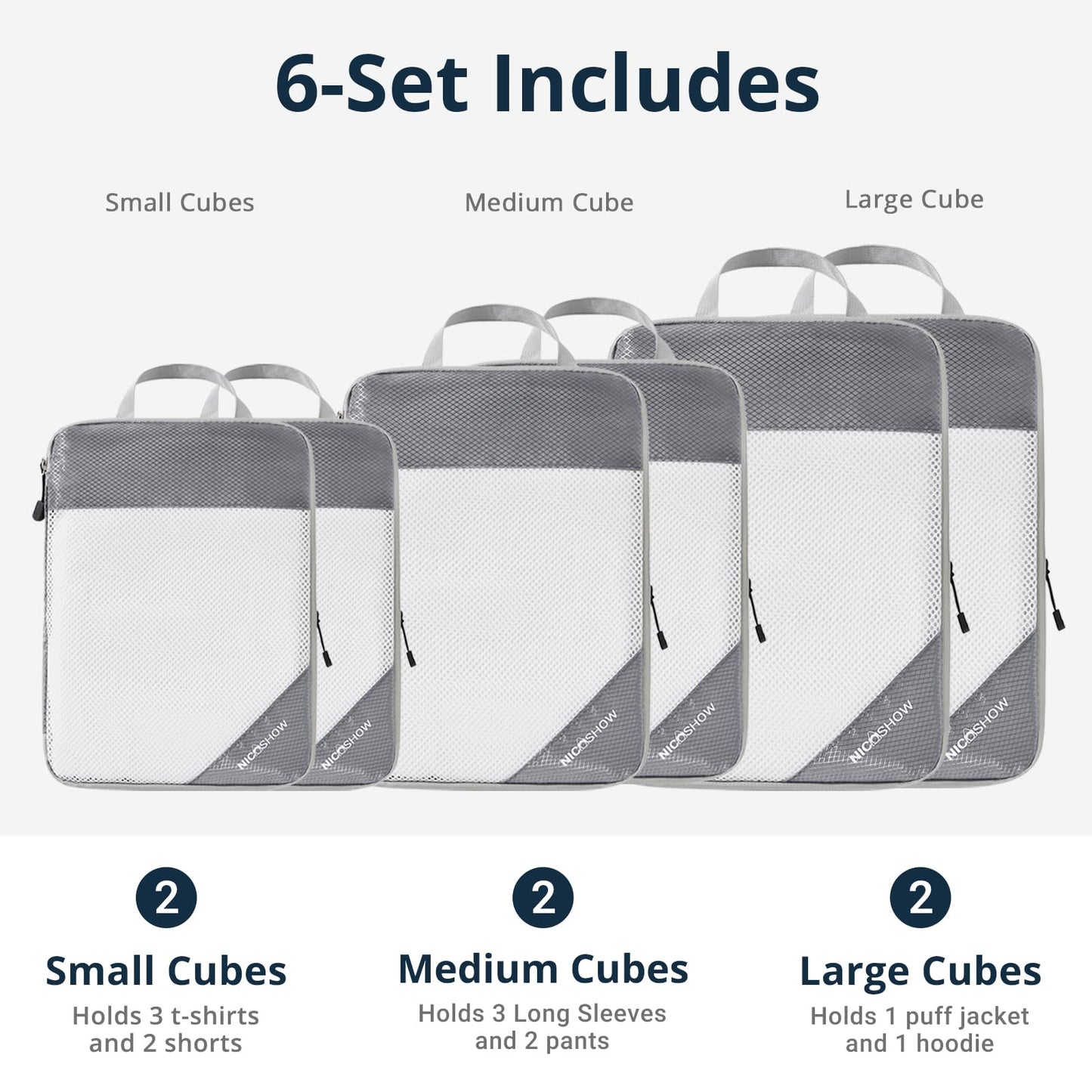 NICOSHOW 6 Set Compression Packing Cubes for Travel - Compressible, Lightweight, and Space-Saving Packing Cubes, Travel Essentials for Women, Grey