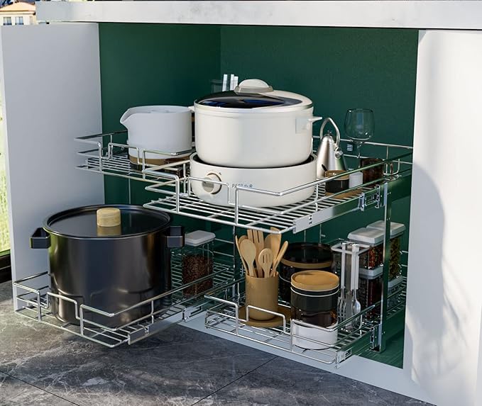 LOVMOR 2 Tier Individual Pull Out Cabinet Organizer 19½" W x 21½" D, Slide Out Kitchen Cabinet Storage Sliding Shelves