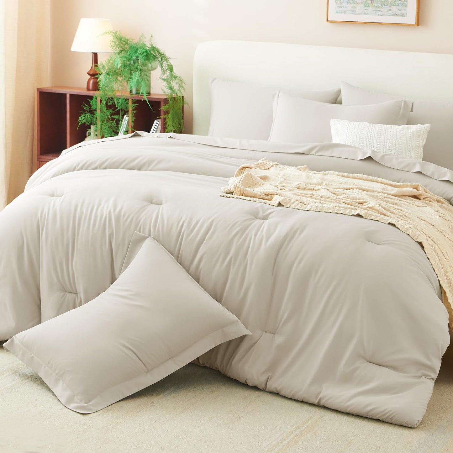 CozyLux Queen Comforter Set Beige, 7 Pieces Bed in a Bag Soft Bedding Comforter Set with Sheets, All Season Boho 7PC Bed Sets with Comforter, Fitted Sheets, Flat Sheets, Pillow Shams and Pillowcases