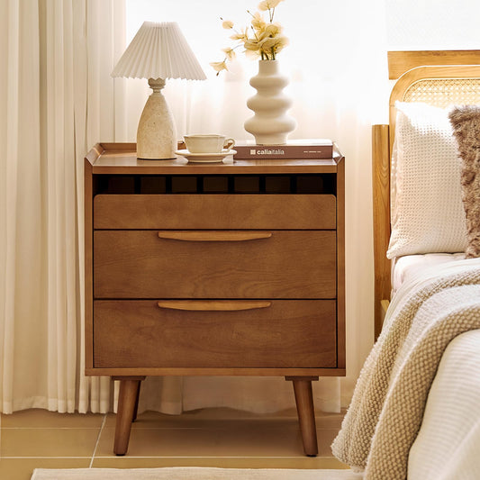 HULALA HOME Nightstand with Charging Station, Mid-Century Modern 2 Drawer and Open Shelf Bedside Tables, Wood Night Stand with USB Ports and Outlets for Bedroom, Acorn
