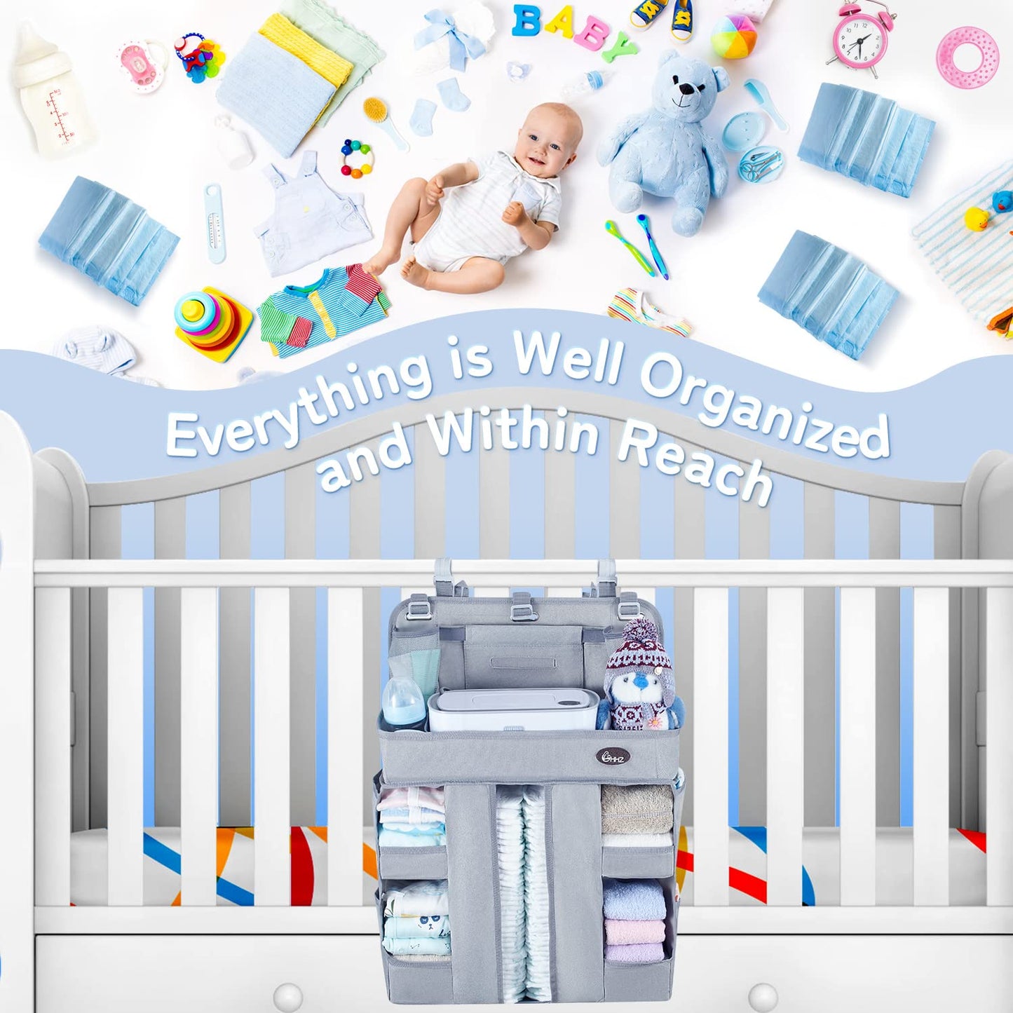 HHZ XL Hanging Diaper Caddy Organizer –Sturdy and Durable Baby Organizer – Diaper Stacker for Changing Table, Crib, Playard or Wall & Nursery Organization – Newborn Baby Essentials