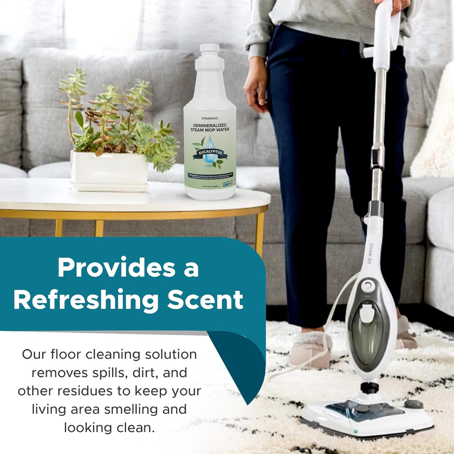 Steam & Go Demineralized Water for Steam Cleaner, PVC-Free Floor Cleaning Liquid Compatible With Any Steam Mop, Ready-to-Use Multisurface Cleaner, Scented, Eucalyptus Mint, 32 oz, Pack of 6